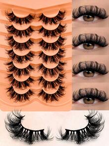 7 Pairs Fluffy Cat-Eye Lashes D Curl Russian Strip False Eyelashes Cat Eye Lashes Natural Look Fluffy Faux Mink Lashes Volume Wispy Long Foxy Eye Lifting Look Fake Eyelashes - 黑色 - 查看 2