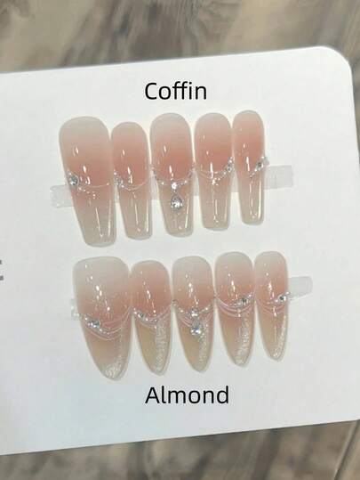 10片手工杏仁棺材形美甲貼，長款，柔粉色，亮面冰晶貓眼法式美甲貼，鑲嵌鋯石鑽，前衛優雅奢華手工秋季美甲，秋季美甲貼，適合派對、日常穿著、約會、海灘、熱帶度假等場合，DIY假指甲，適合女性和女孩作為禮物，美甲護理用品，手工穿戴式美甲