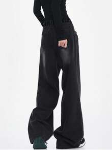 Teen Girl Vintage American Style Ripped Washed Loose Fit Straight Leg Jeans, Casual Trousers, Slim Flattering, Versatile For Spring & Autumn - Black - View 2