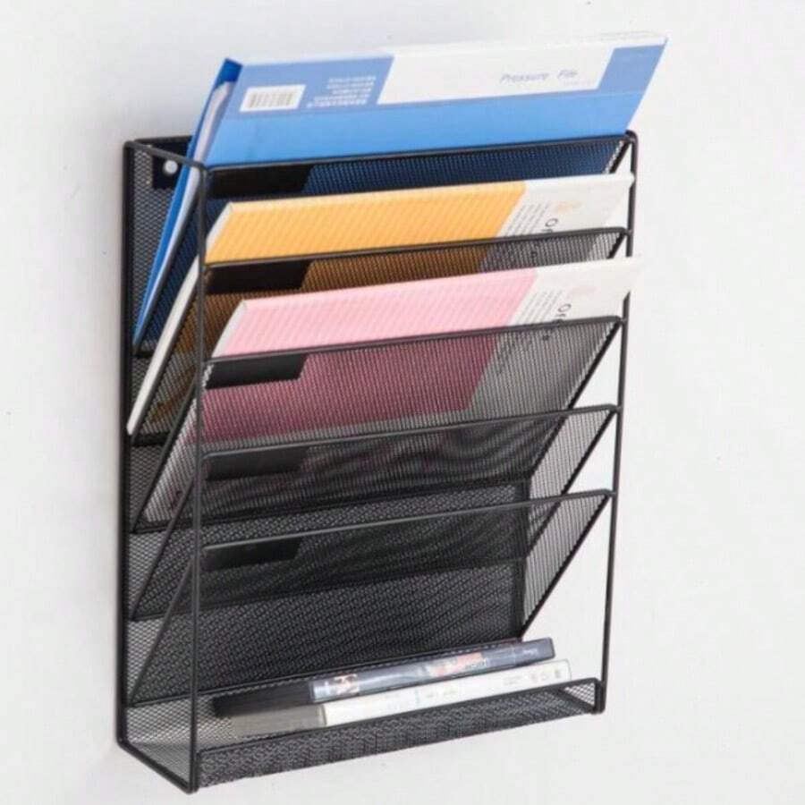 Five-Tier Wall-Mounted Metal File Rack/Storage Rack For Newspapers And Magazines, Office Supplies, Bookends, And Document Holders. - Black - View 1