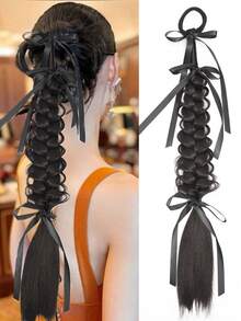 1pc 20-Inch Hand-Woven Fishtail Ponytail With Ribbon, Suitable For Everyday Wear By Women. - Multicolor - View 10