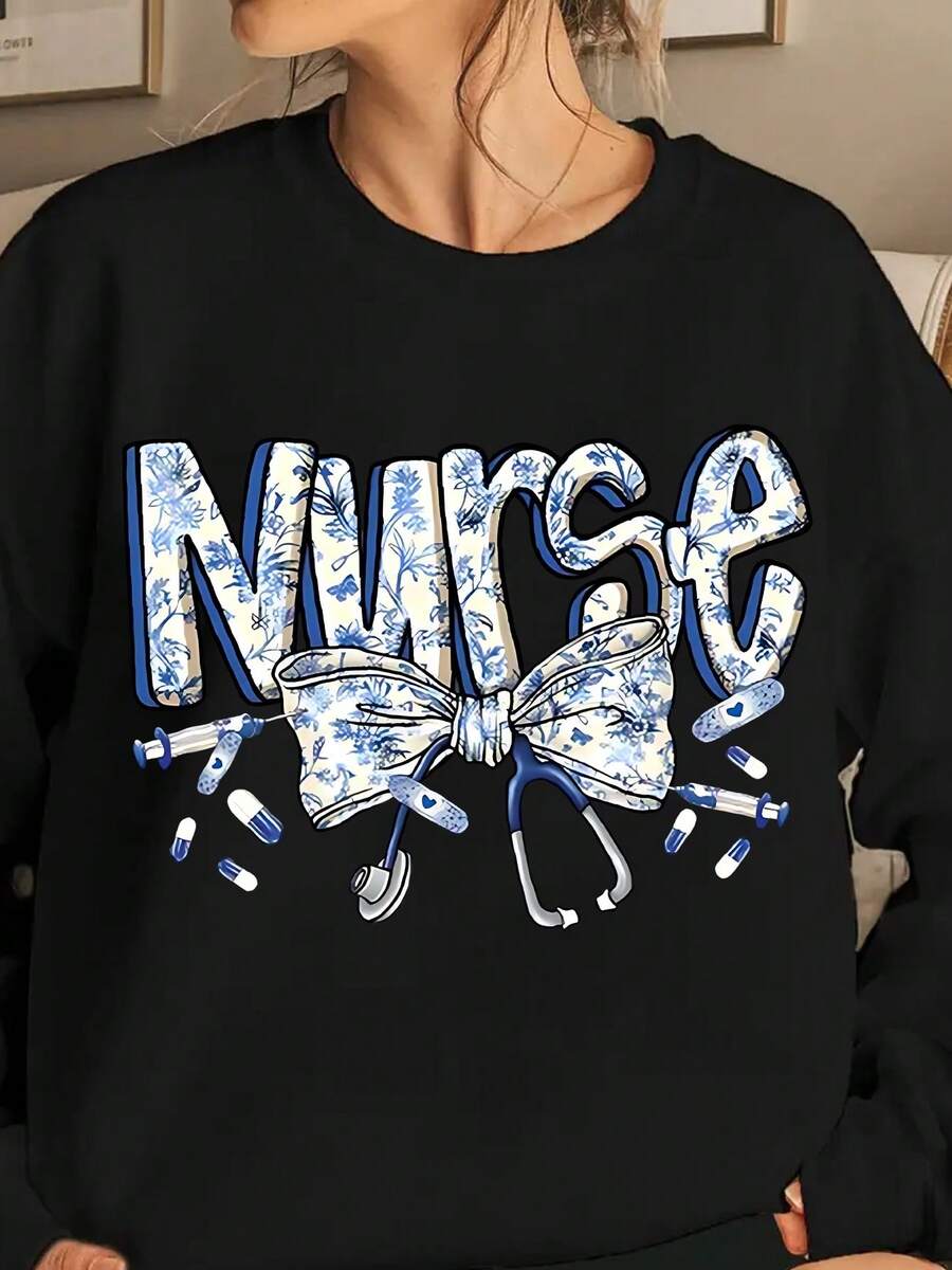 2026 Long Sleeve Tops Women Ladies Round Neck Nurse Bow Sweatshirt Printed Sweatshirt, Long Sleeve Soft Fashion Casual Pullover, Machine Washable, Medium Elasticity, Comfortable Loose Fit Sweater Loose And Comfortable Winter Clothes For Women Plus Size Women Clothes - 黑色 - 查看 1
