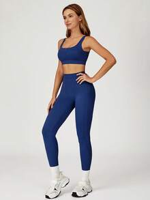 MASKERT Conjunto deportivo para mujer: Sujetador deportivo de cuello cuadrado + Pantalones de yoga de cintura alta y ajuste ceñido, de piel amigable y que realza la figura, conjunto de 2 piezas para fitness, entrenamiento, correr y actividades al aire libre - Azul Marino - Ver 4