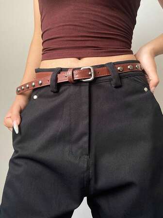 1 pieza Cinturón de mujer estilo retro americano, nuevo diseño 2025 con remaches, accesorio de cinturón para jeans de mezclilla, cinturón de cuero versátil y de nicho, adecuado para uso diario