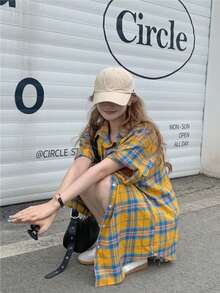 复古美式小众设计女式短袖格子衬衫，轻盈夏季防晒夹克，宽松百搭小码衬衫 - 黃色 - 查看 5