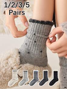 1双/2双/3双/5双装 女士加厚保暖蕾丝波点船袜，秋冬季舒适袜 - 彩色 - 查看 2