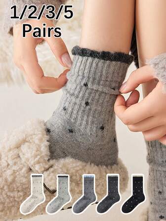 1双/2双/3双/5双装 女士加厚保暖蕾丝波点船袜，秋冬季舒适袜