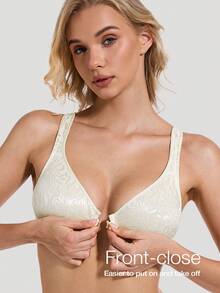 Deyllo 前扣式深V钢圈文胸 - 时尚性感提花面料,宽肩带,露背设计,轻盈舒适,适合日常穿着的丰满身材塑形内衣 - 白色 - 查看 2