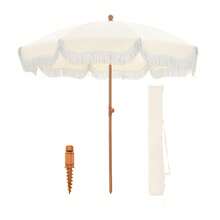 7ft Beach Umbrella Outdoor Patio Umbrella With Fringe & Sand Anchor, Outdoor Patio Heavy Duty Windproof Portable Tassel Umbrellas For Sand With Push Button Tilt & Carrying Bag, UPF 50+-Local Delivery - White1 - 查看 1