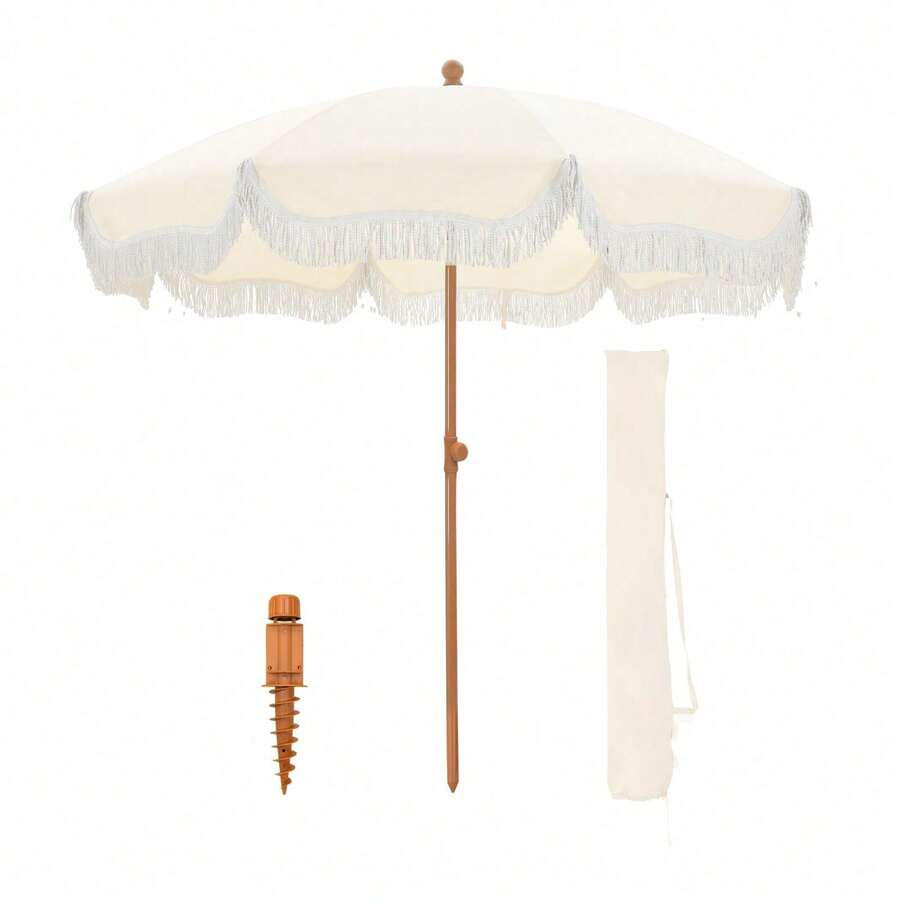 7ft Beach Umbrella Outdoor Patio Umbrella With Fringe & Sand Anchor, Outdoor Patio Heavy Duty Windproof Portable Tassel Umbrellas For Sand With Push Button Tilt & Carrying Bag, UPF 50+-Local Delivery - White1 - 查看 1