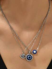 3pcs Asymmetrical Devil's Eye & Fatima's Hand Necklace Set - Silver - View 1
