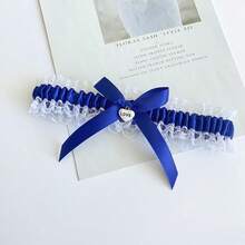 新娘婚礼腿吊袜带 - 心形吊坠蕾丝腿环吊袜带，蓝色蝴蝶结腿饰，适合婚礼派对 - 藏蓝色 - 查看 8