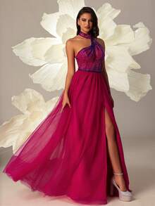 VIPGIRL Halter Neck Tulle Skirt Elegant Women's Evening Gown - Hot Pink - View 4