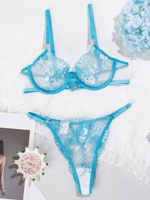 女士性感内衣套装，包括胸衣、吊袜带和花卉刺绣文胸及内裤两件套 - 淺藍色 - 查看 1