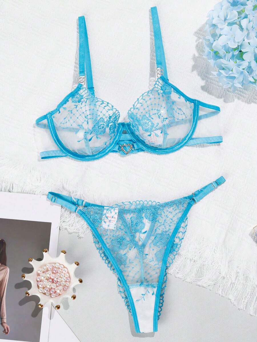 女士性感内衣套装，包括胸衣、吊袜带和花卉刺绣文胸及内裤两件套 - 淺藍色 - 查看 1