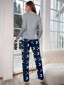 Gray Long Sleeve & Pants Printed Pajama Set For Women - Grey - View 2