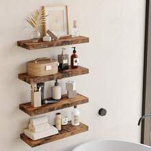 Senmeo Rustic 4pc Floating Shelves (Natural Wood Finish), Handcrafted + Invisible Brackets For Home - Black - View 3