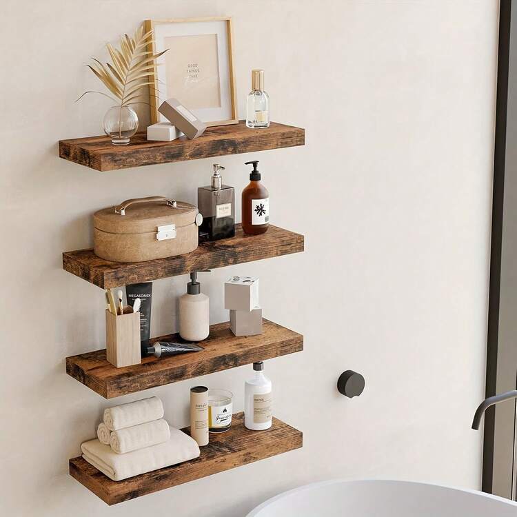 Senmeo Rustic 4pc Floating Shelves (Natural Wood Finish), Handcrafted + Invisible Brackets For Home - Black - View 3