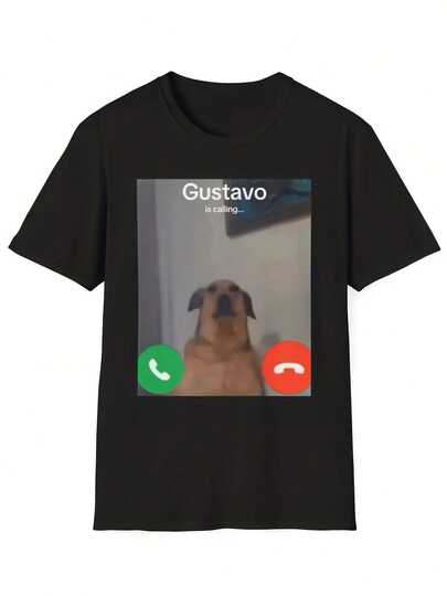 Camiseta gráfica de llamada telefónica divertida de Gustavo el Perro - Camiseta negra casual de manga corta con cuello redondo y texto "Gustavo está llamando" y diseño de cara de perro, regalo lavable a máquina para amantes de los perros, ropa de primavera, verano y otoño, camiseta de perro, diseño juguetón