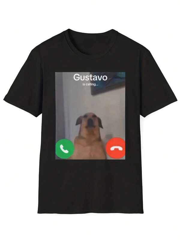 Camiseta gráfica de llamada telefónica divertida de Gustavo el Perro - Camiseta negra casual de manga corta con cuello redondo y texto "Gustavo está llamando" y diseño de cara de perro, regalo lavable a máquina para amantes de los perros, ropa de primavera, verano y otoño, camiseta de perro, diseño juguetón