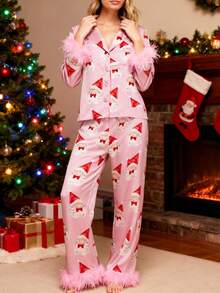 Women Y2k Silk Satin Christmas Pajamas Sets Xmas Tree/Santa Claus Print Plush Trim Long Sleeve Sleepwear Holiday Print Two Piece Pjs Pants PJs Set Loungewear - Đỏ và trắng - Xem 3