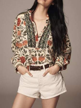 Camisa de manga larga con estampado de estilo bohemio retro para mujeres de talla grande - Una blusa y camisa casual y elegante de corte holgado para otoño e invierno.