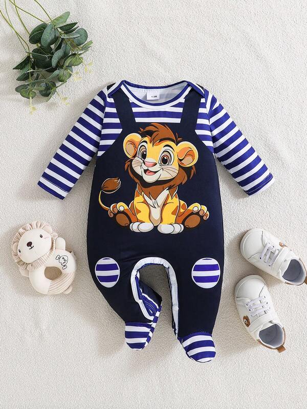 1pc Infant Boys' Cute & Elegant Lion Print Striped Long Sleeve Romper, Spring/Summer
