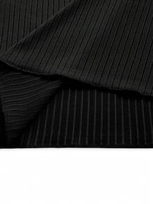 UREREM 210g Soft Solid Color Square Neck Ribbed Knit Side Drawstring Bodycon Long Sleeve Dress Black Spring Elegant - Black - View 9