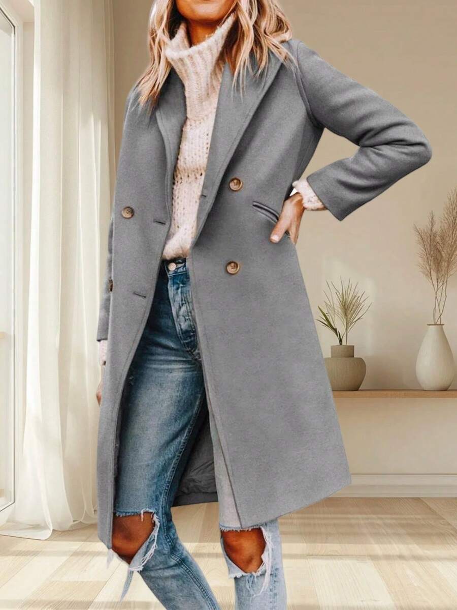 Women's Double Breasted Pea Coat Notched Lapel Wool Blend Long Winter Overcoat - 灰色 - 查看 1