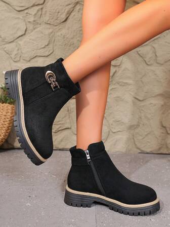 Women's Thick Sole Chunky Heel Boots - Suitable For All Seasons, Pull-On/Buckle Closure, Round Toe Design, Non-Slip Rubber Sole - Elegant Black Short Boots, Suitable For Casual And Formal Occasions - Easy-Clean Fabric Upper, Fashionable Side Zipper, Durable Rubber Outsole