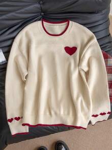 Crew Neck Plus Size Heart Jacquard Knit Sweater For Women, Loose Fit Cozy Style, Suitable For Plus Size, Autumn/Winter - Apricot - View 6