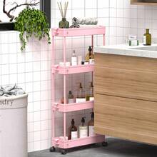 4-Tier Slim Rolling Storage Cart Storage Cart Organizer Rolling Utility Cart, Mobile Shelving Unit Slide Out Storage Shelves For Kitchen Living Room Bathroom Laundry Room & Dressers Outdoor Decor - 粉色 - 查看 5