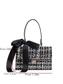 Women's Handbag/Shoulder Bag, Black & White Striped, Fashionable & Elegant Bow Decor Square Flap Closure, Suitable For Women, Girls, College Students