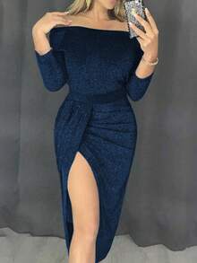 Elegant Formal Party Sequin Dress, Off-Shoulder, Cinched Waist, Slit, Green Midi Dress - Navy Blue - View 4