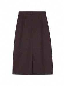 Rok Panjang Wanita Pinggang Tinggi Warna Polos Kasual dengan Belahan - Coffee Brown - View 3