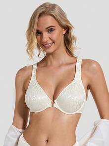 Deyllo 前扣式深V钢圈文胸 - 时尚性感提花面料,宽肩带,露背设计,轻盈舒适,适合日常穿着的丰满身材塑形内衣 - 白色 - 查看 6