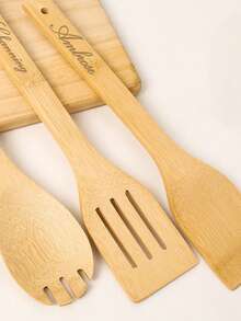 1/5pcs Customized Wooden Cooking Spoons, Suitable For All Kitchens. Salad Spatula Made Of Bamboo And Wood, Kitchen Cooking Tools, Personalized Wooden Spatula And Wooden Spoon, Three-Line Spatula, Natural Bamboo And Wood Non-Stick Surface, Multi-Functional Cooking Tools, Handmade Mother's Day Essential - Multicolor - View 2