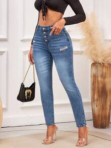 Jean skinny taille mi-haute déchiré - Denim stretch avec braguette à boutons, pantalon slim classique délavé et déchiré - Jean bleu - Voir 6