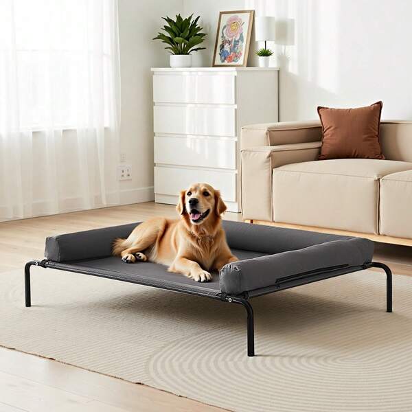 Elevated Dog Bed For Large Dogs, Portable Raised Dog Cot With Washable Pillow, Indoor & Outdoor Pet Cooling Raised Hammock Bed With Steel Metal Frame And Breathable Teslin Mesh, XL, Gray