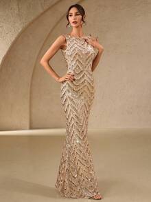 女士夏季新款优雅迷人美人鱼露背连衣裙，适合婚礼、单身派对、度假、庆典、伴娘礼服（成人款）、正式晚礼服、派对礼服 - 杏色 - 查看 7