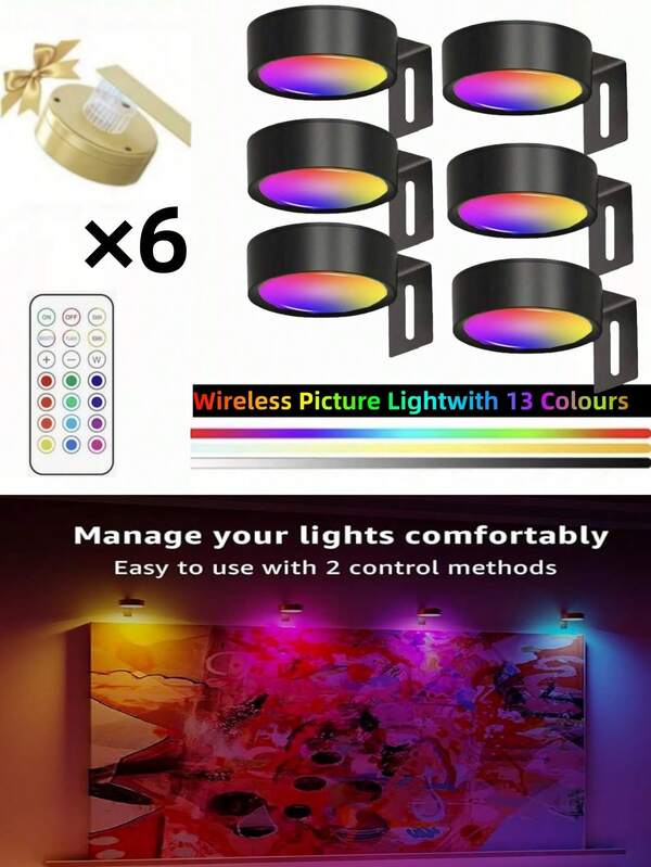 1/3/6pcs Wireless Metal Wall Art Battery-Powered LED Picture Lights, With Magnetic Wireless Wall Lamp, Fairy Lights, Lamps, Led Lights, Night Light, Lighting, Book Light, Led Lights For Room - Adjustable Color Temperature, Timer, Remote And Press Control - Perfect For Gallery, Stairs, Corridors
