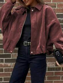 Áo khoác cỡ lớn tay cánh dơi, khóa kéo, cúc bạc, gấu áo xếp ly, thời trang nữ chất liệu mềm mại tay dài phong cách đường phố dáng rộng nhẹ cho mùa xuân và mùa thu. - màu tím - Xem 2