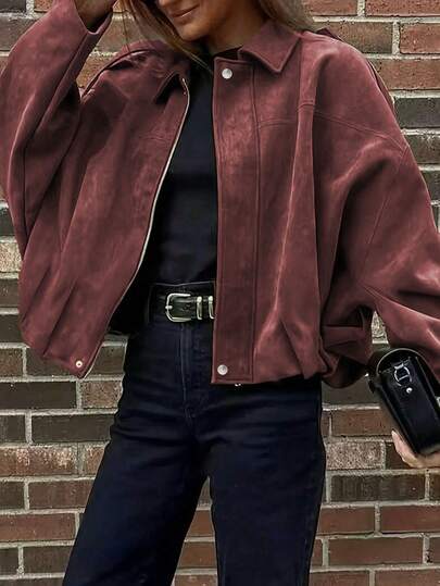 Plus Size Jacket With Batwing Sleeves, Zipper, Silver Buttons, Pleated Hem, Women's Fashion Soft Fabric Long Sleeve Street Style Loose Fit Lightweight Jacket For Spring & Autumn