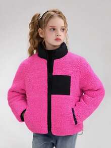 Girls' Warm Fleece Jacket, Princess Style, Pink, Long Sleeve With Pockets - Hot Pink - View 1