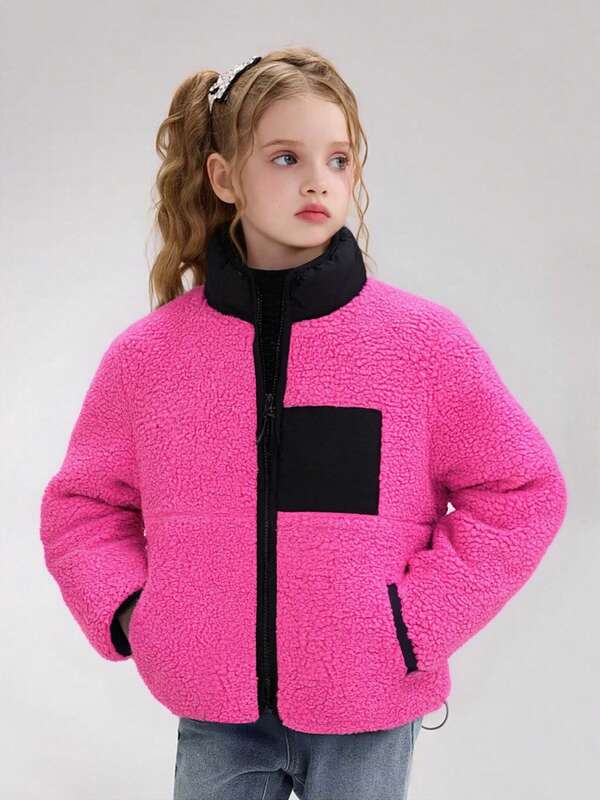 Girls' Warm Fleece Jacket, Princess Style, Pink, Long Sleeve With Pockets