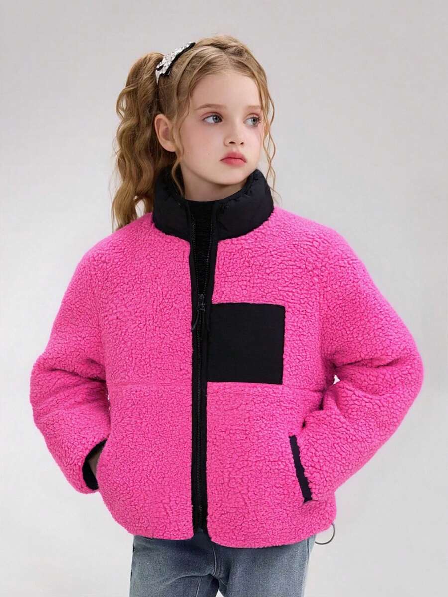 Girls' Warm Fleece Jacket, Princess Style, Pink, Long Sleeve With Pockets - Hot Pink - View 1