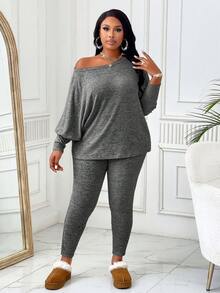 BIUBIU 大码女式纯色圆领蝙蝠袖上衣和裤子休闲套装，春秋季优雅款 - 花灰色 - 查看 5