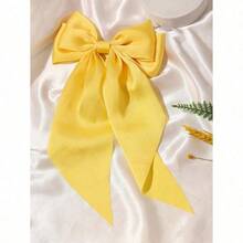 1pc Solid Color Satin Hair Clip With Ribbon Streamers And Large Bowknot, Versatile Hair Accessory For Women Valentine's Day Claw Clips Hair Claws Hair Barrettes, School Stuff, Elegant, College, Winter Outfit For Women, Bows, Cute - 黃色 - 查看 3