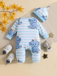 2件套新生儿可爱动物数码印花长袖连体衣+帽子，婴儿连体衣，可爱休闲舒适，适合所有季节 - 藍白色 - 查看 2