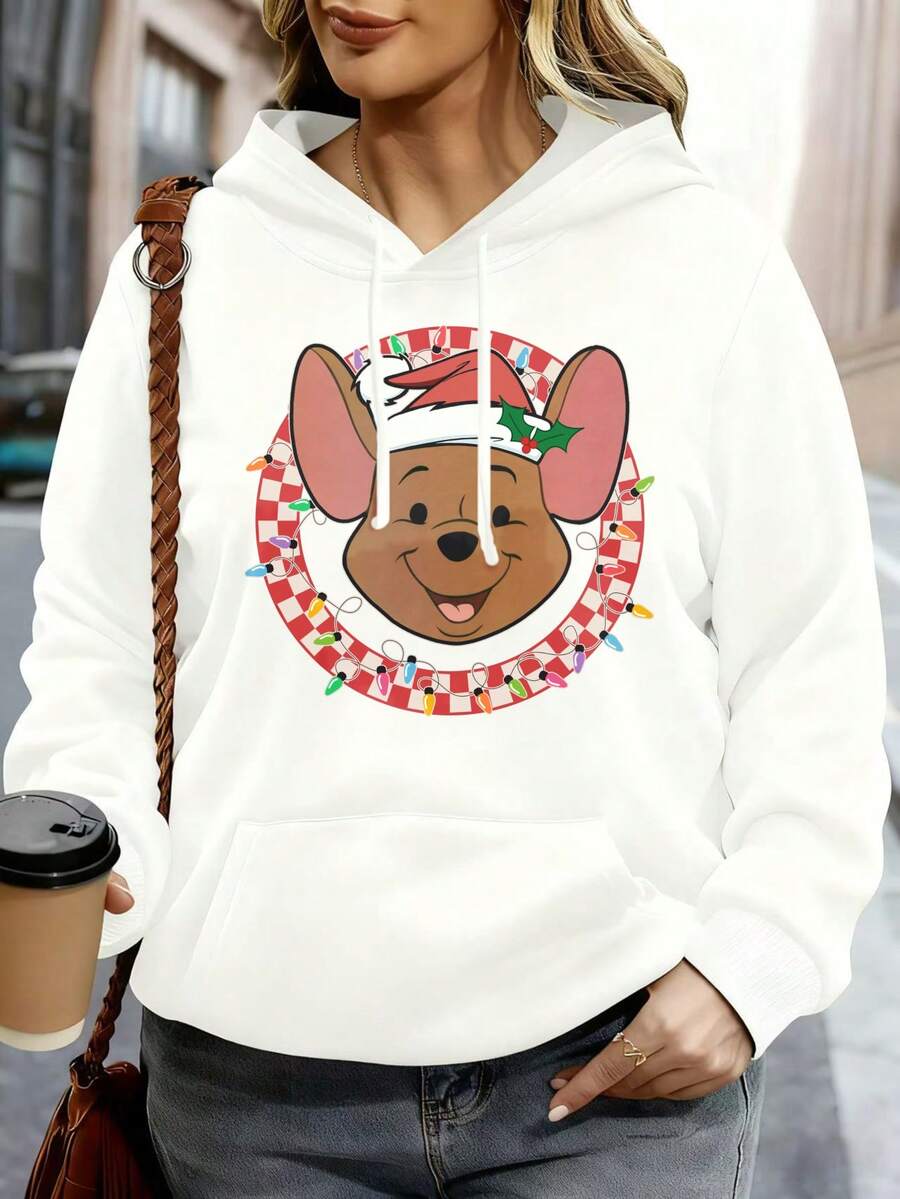 Disney Women Hoodie White Mickey Mouse Christmas Lights Print Holiday Party Casual Wear - White - View 1
